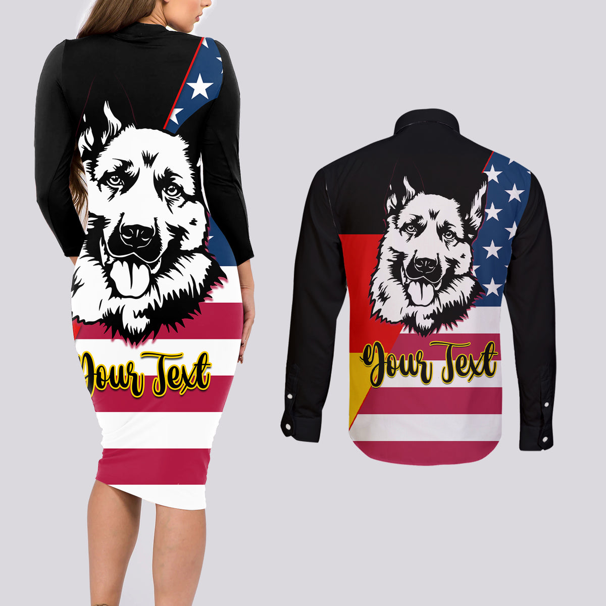 Personalised German American Heritage Day Couples Matching Long Sleeve Bodycon Dress and Long Sleeve Button Shirts German Shepherd Dog - Wonder Print Shop