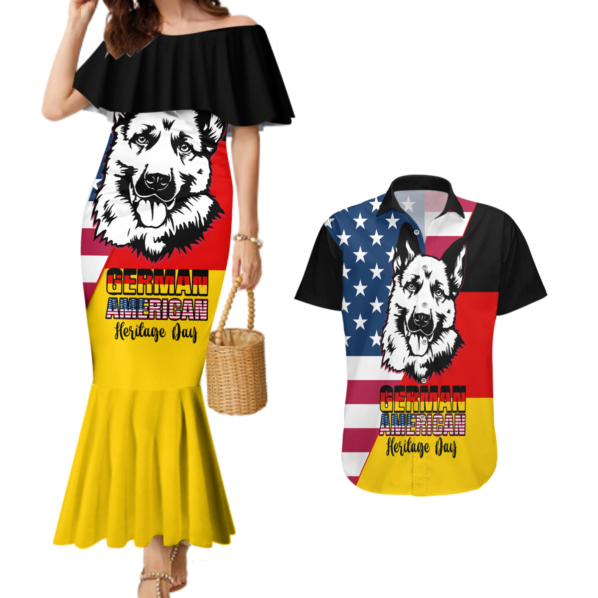 Personalised German American Heritage Day Couples Matching Mermaid Dress and Hawaiian Shirt German Shepherd Dog - Wonder Print Shop