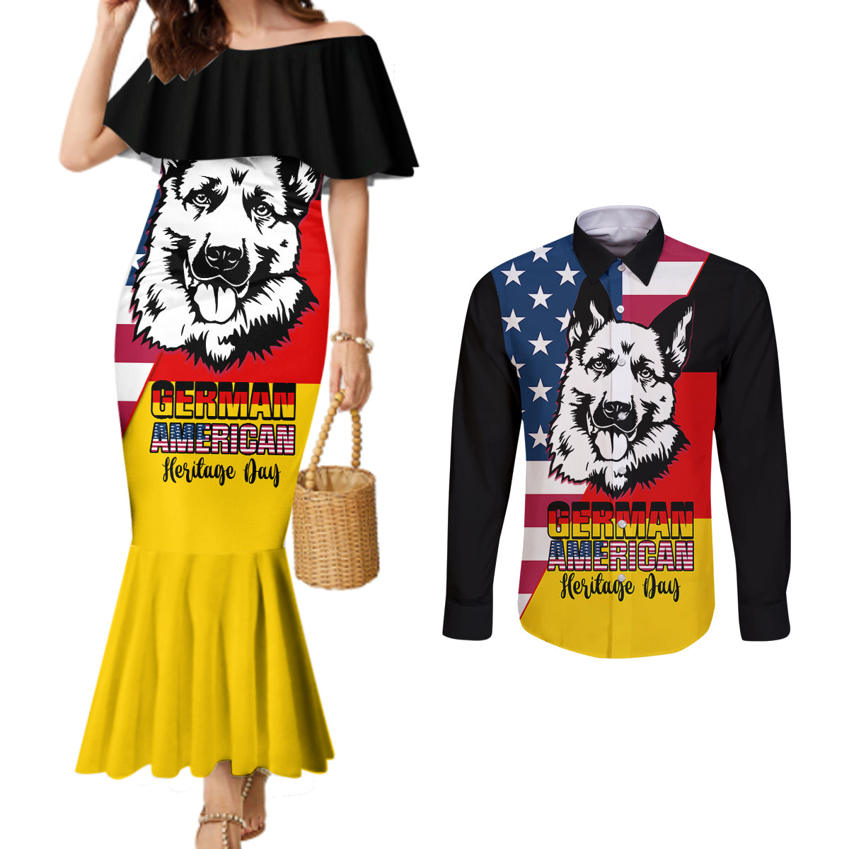 personalised-german-american-heritage-day-couples-matching-mermaid-dress-and-long-sleeve-button-shirts-german-shepherd-dog
