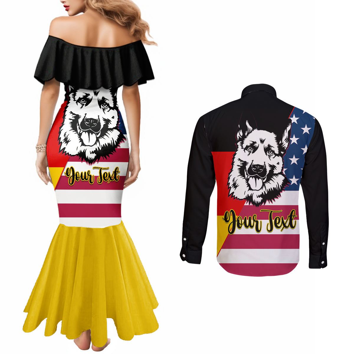 personalised-german-american-heritage-day-couples-matching-mermaid-dress-and-long-sleeve-button-shirts-german-shepherd-dog
