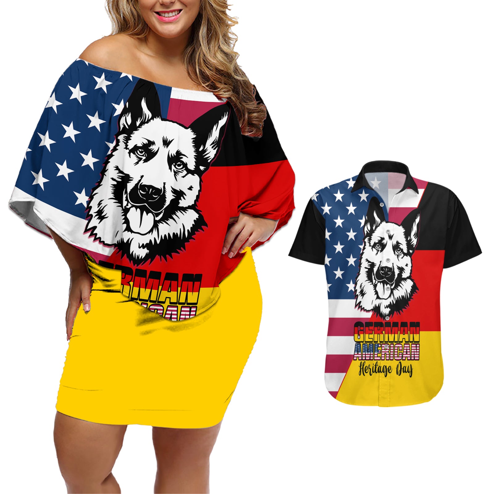 Personalised German American Heritage Day Couples Matching Off Shoulder Short Dress and Hawaiian Shirt German Shepherd Dog - Wonder Print Shop