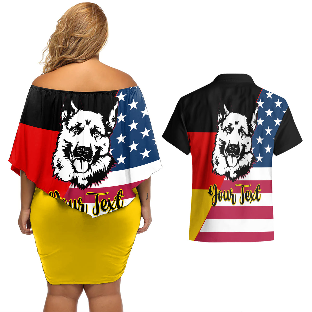 Personalised German American Heritage Day Couples Matching Off Shoulder Short Dress and Hawaiian Shirt German Shepherd Dog - Wonder Print Shop