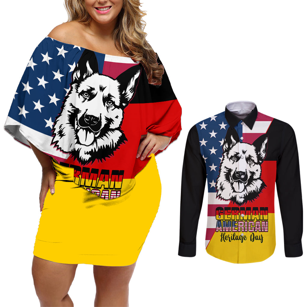 Personalised German American Heritage Day Couples Matching Off Shoulder Short Dress and Long Sleeve Button Shirts German Shepherd Dog - Wonder Print Shop
