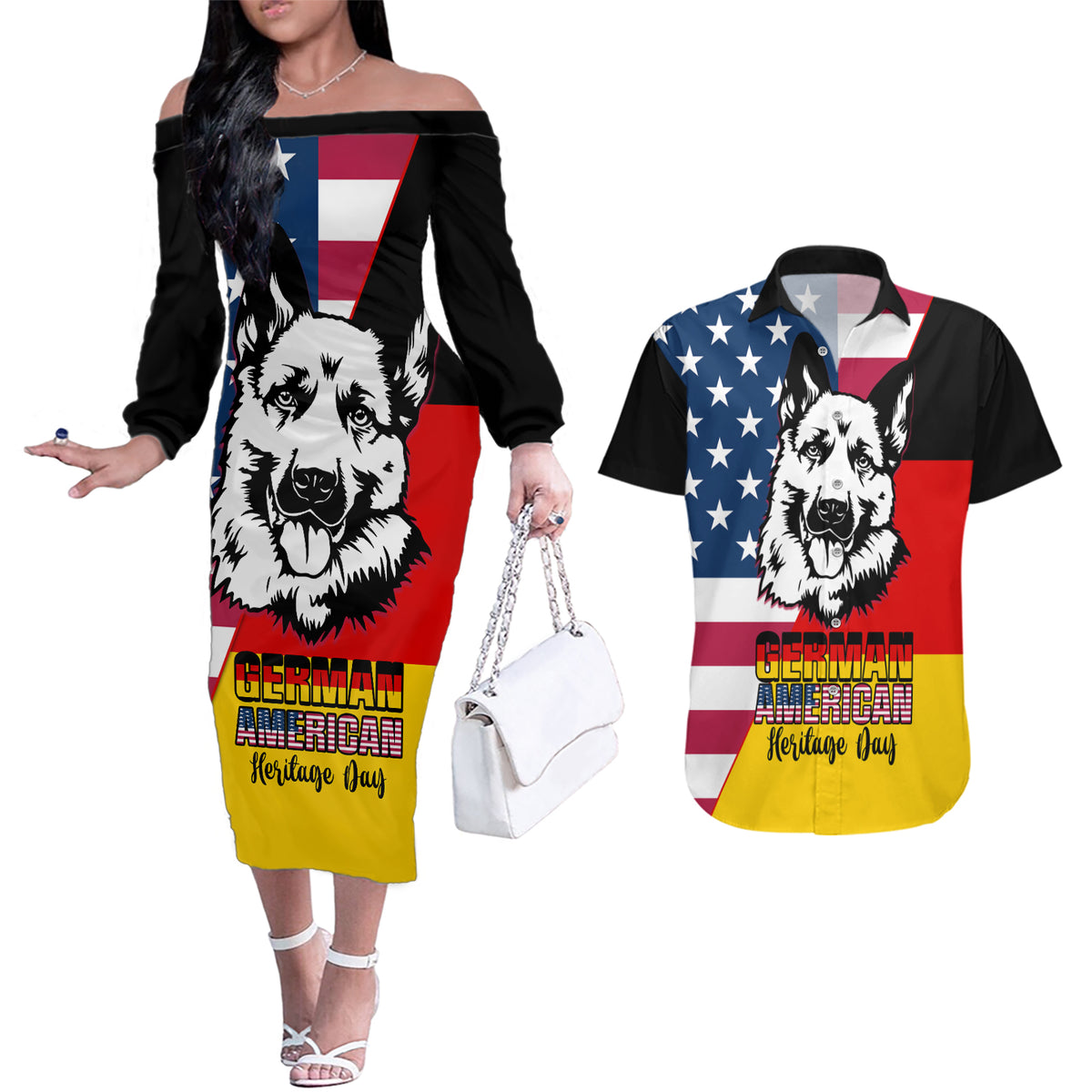 Personalised German American Heritage Day Couples Matching Off The Shoulder Long Sleeve Dress and Hawaiian Shirt German Shepherd Dog - Wonder Print Shop