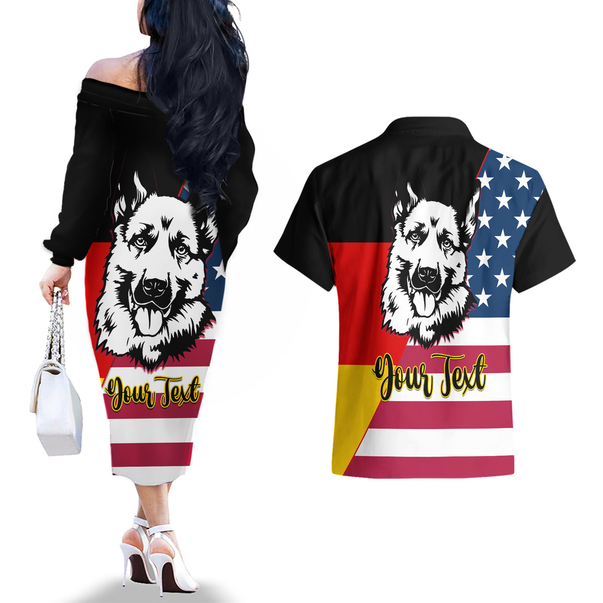 Personalised German American Heritage Day Couples Matching Off The Shoulder Long Sleeve Dress and Hawaiian Shirt German Shepherd Dog - Wonder Print Shop