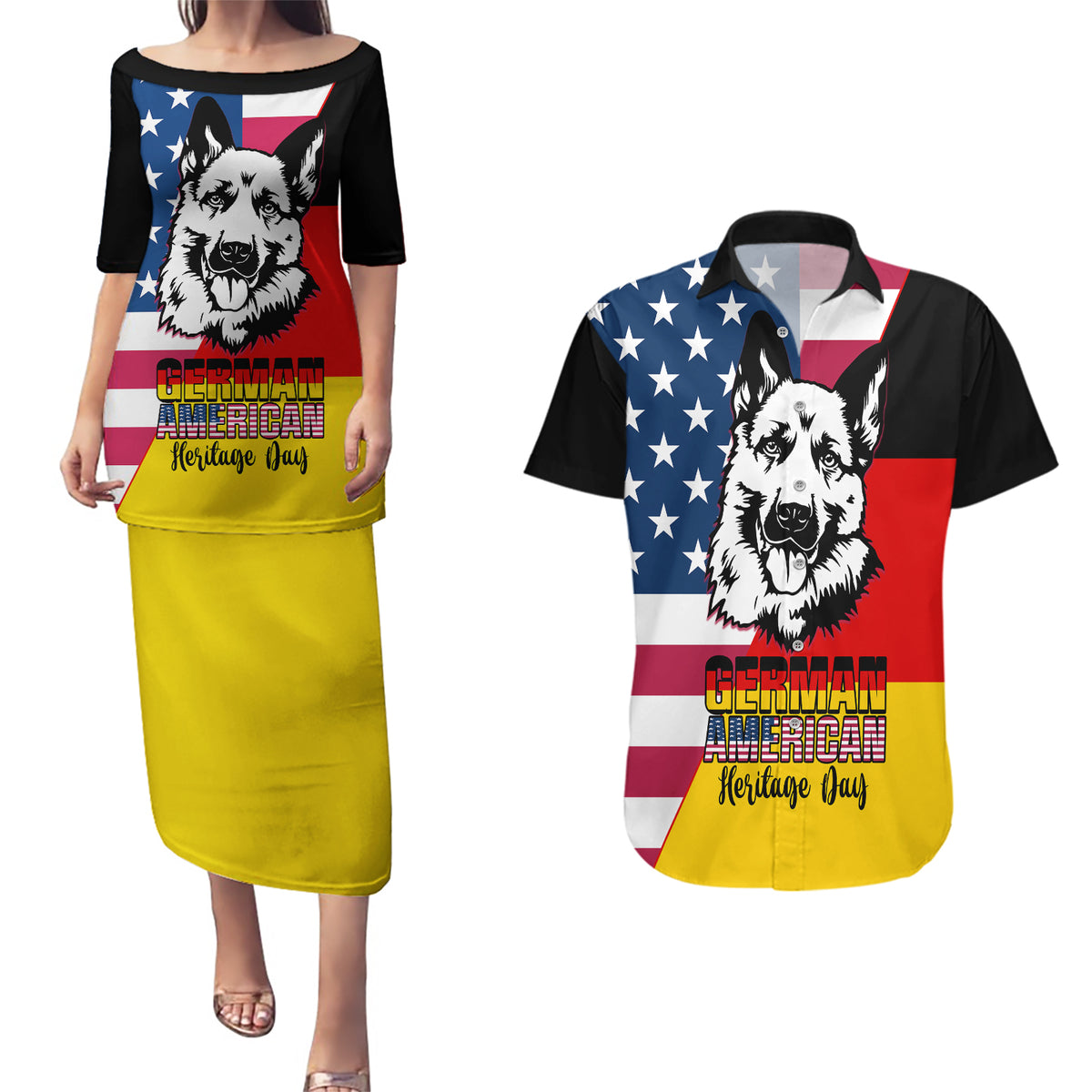 Personalised German American Heritage Day Couples Matching Puletasi Dress and Hawaiian Shirt German Shepherd Dog - Wonder Print Shop