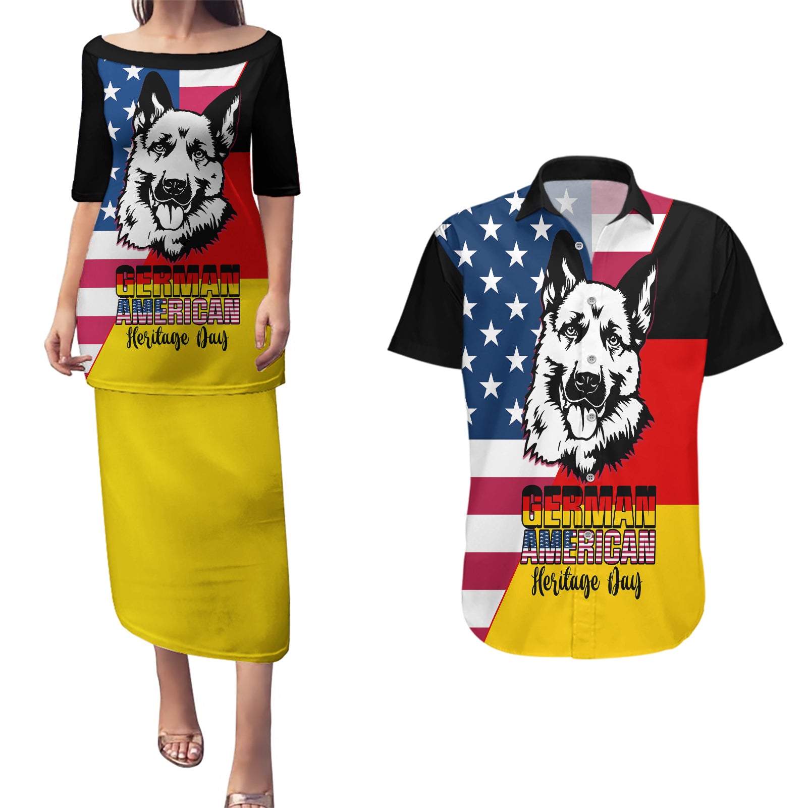 Personalised German American Heritage Day Couples Matching Puletasi Dress and Hawaiian Shirt German Shepherd Dog - Wonder Print Shop