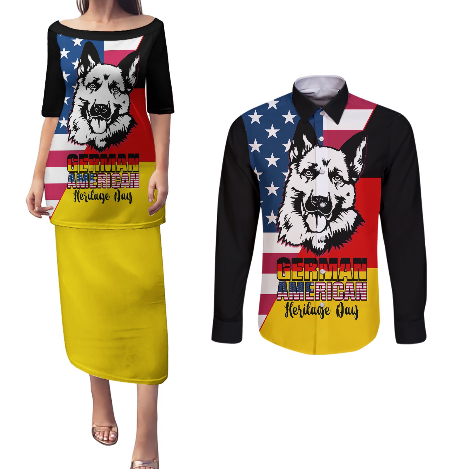 Personalised German American Heritage Day Couples Matching Puletasi Dress and Long Sleeve Button Shirts German Shepherd Dog - Wonder Print Shop