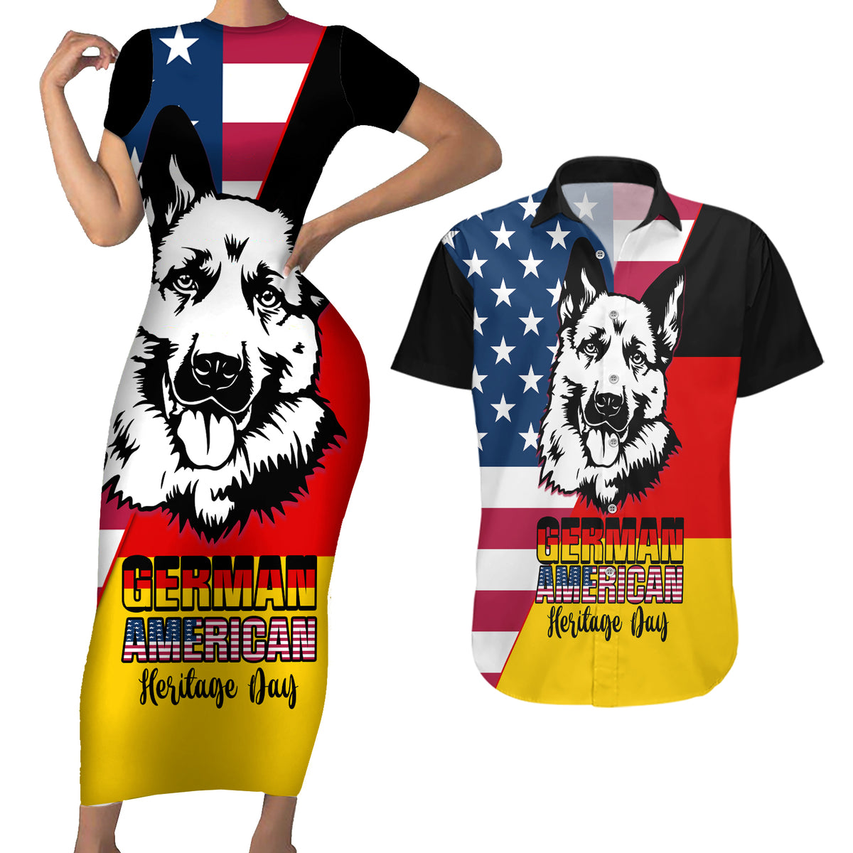 Personalised German American Heritage Day Couples Matching Short Sleeve Bodycon Dress and Hawaiian Shirt German Shepherd Dog - Wonder Print Shop