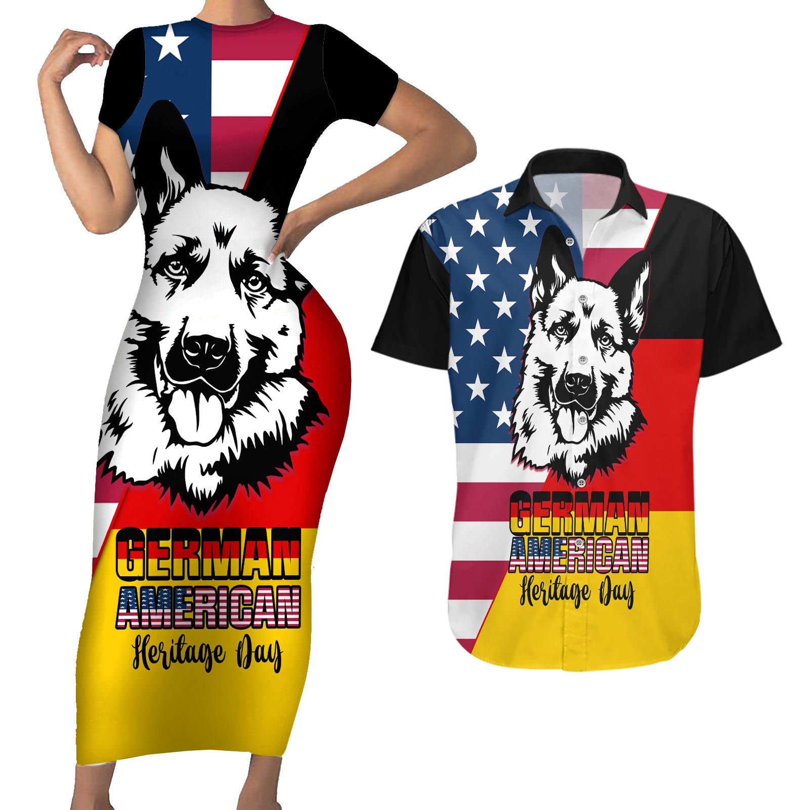 Personalised German American Heritage Day Couples Matching Short Sleeve Bodycon Dress and Hawaiian Shirt German Shepherd Dog - Wonder Print Shop