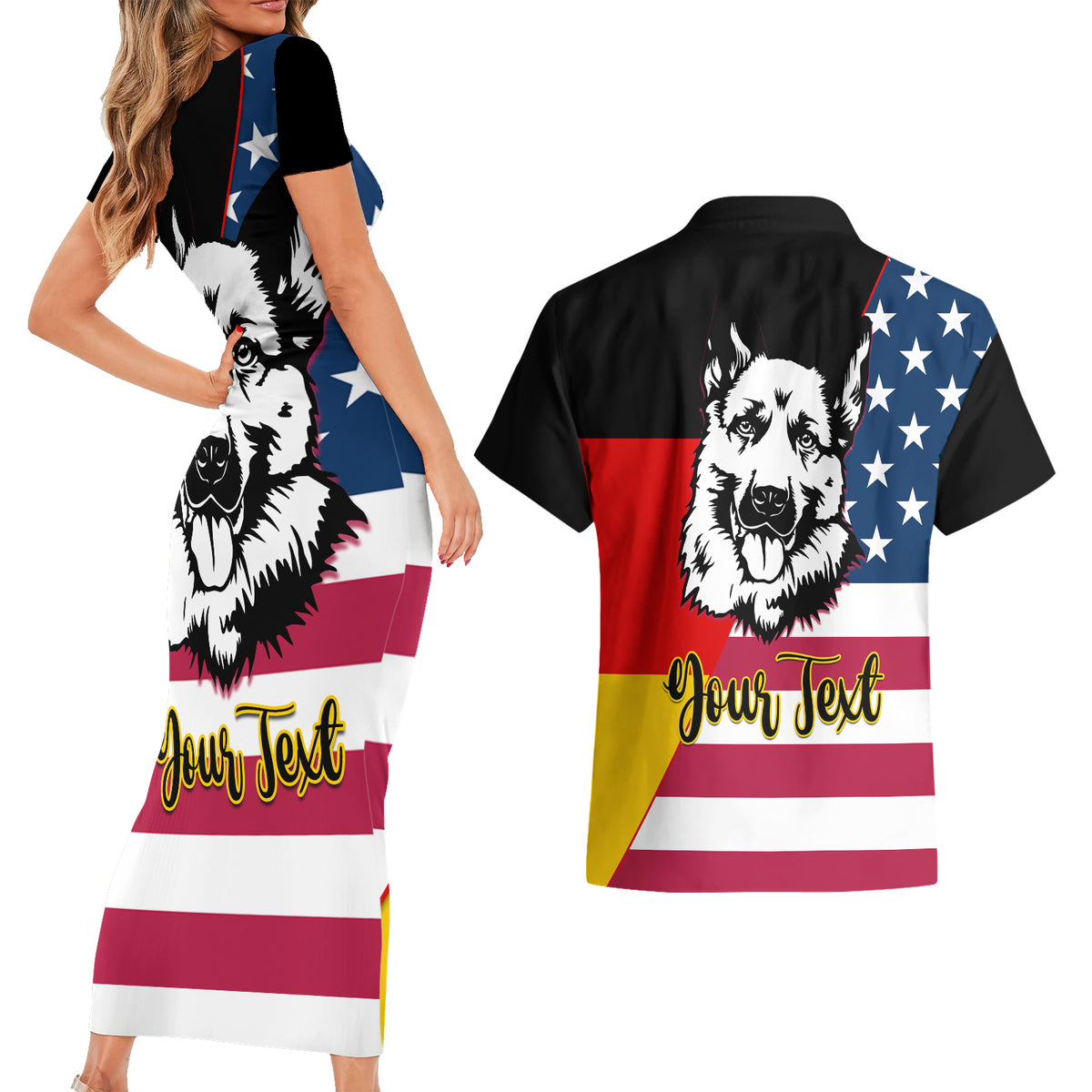 Personalised German American Heritage Day Couples Matching Short Sleeve Bodycon Dress and Hawaiian Shirt German Shepherd Dog - Wonder Print Shop