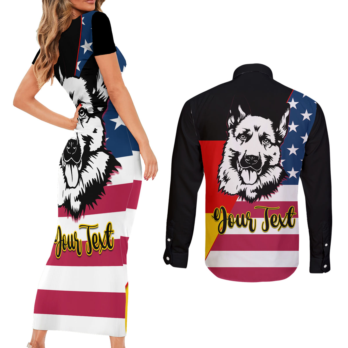 Personalised German American Heritage Day Couples Matching Short Sleeve Bodycon Dress and Long Sleeve Button Shirts German Shepherd Dog - Wonder Print Shop