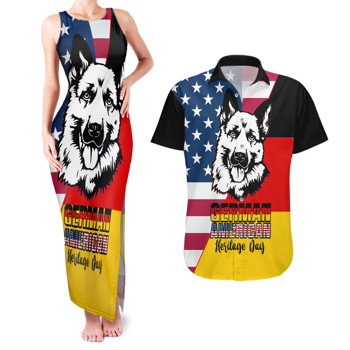 Personalised German American Heritage Day Couples Matching Tank Maxi Dress and Hawaiian Shirt German Shepherd Dog - Wonder Print Shop