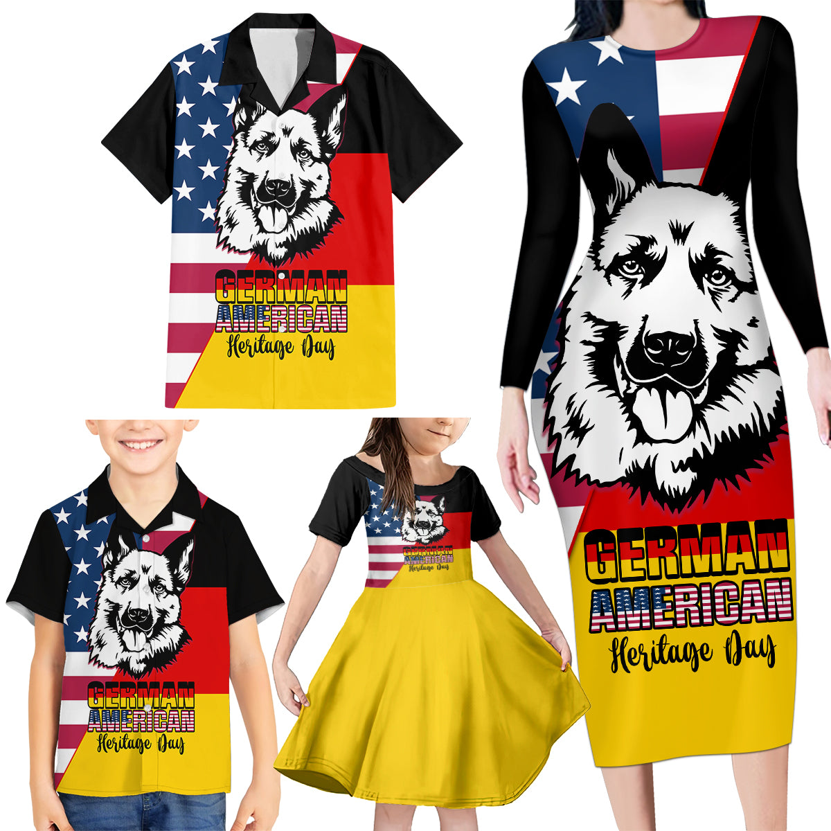 Personalised German American Heritage Day Family Matching Long Sleeve Bodycon Dress and Hawaiian Shirt German Shepherd Dog - Wonder Print Shop