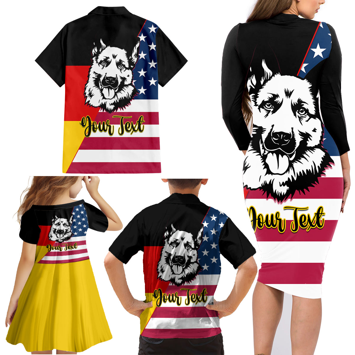 Personalised German American Heritage Day Family Matching Long Sleeve Bodycon Dress and Hawaiian Shirt German Shepherd Dog - Wonder Print Shop