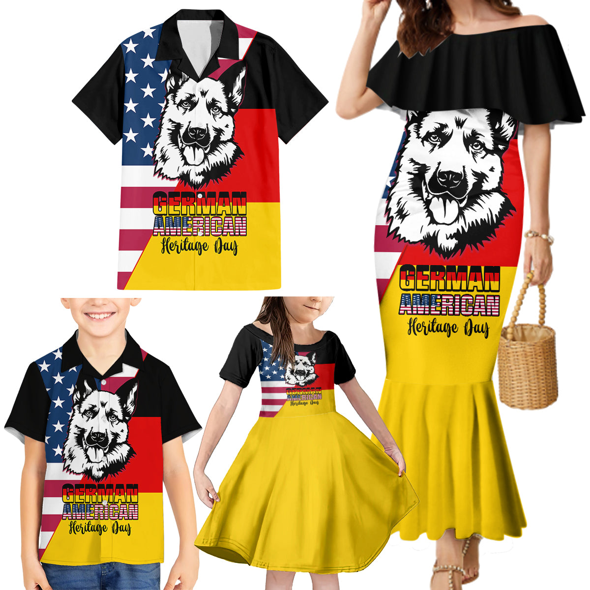 Personalised German American Heritage Day Family Matching Mermaid Dress and Hawaiian Shirt German Shepherd Dog - Wonder Print Shop