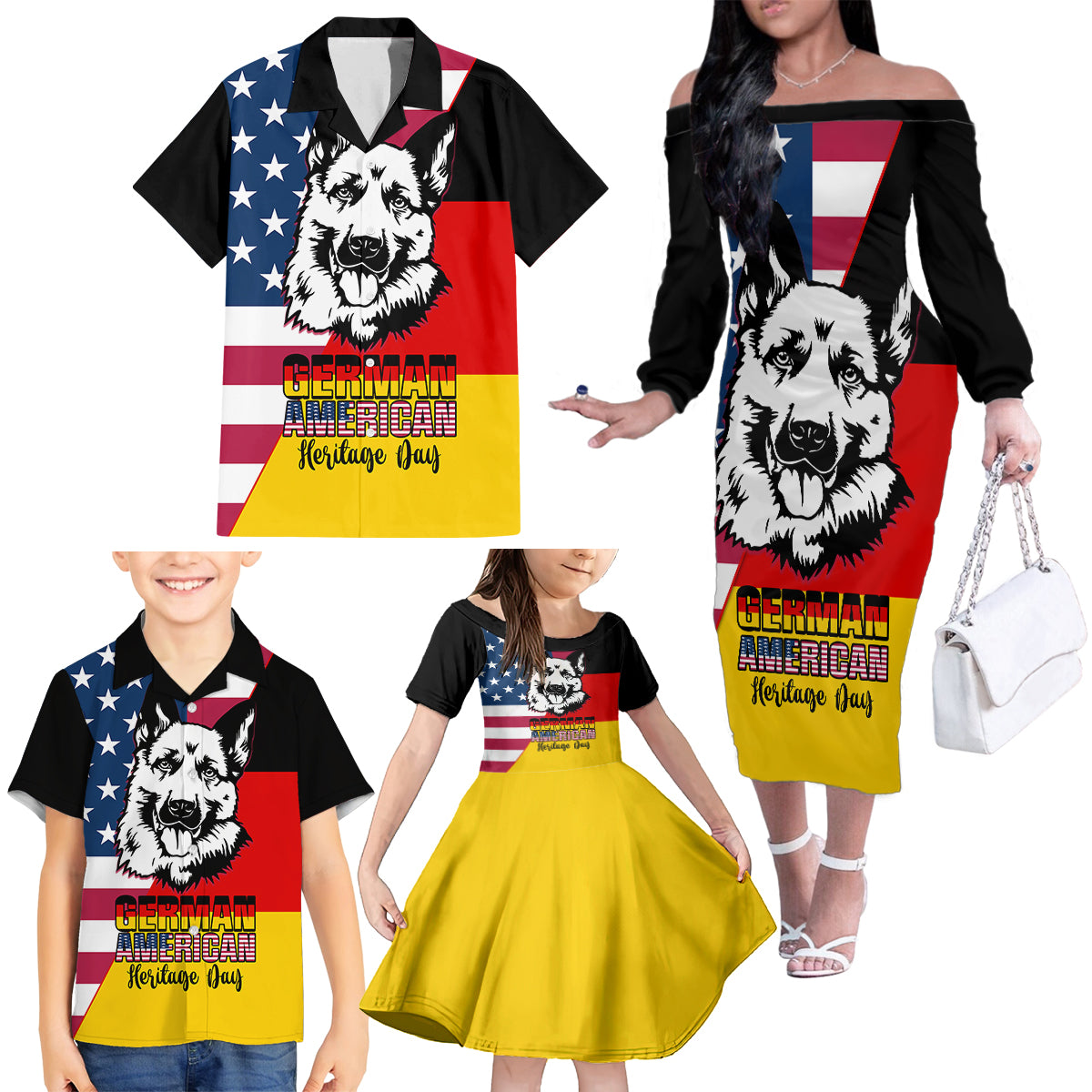 Personalised German American Heritage Day Family Matching Off Shoulder Long Sleeve Dress and Hawaiian Shirt German Shepherd Dog - Wonder Print Shop