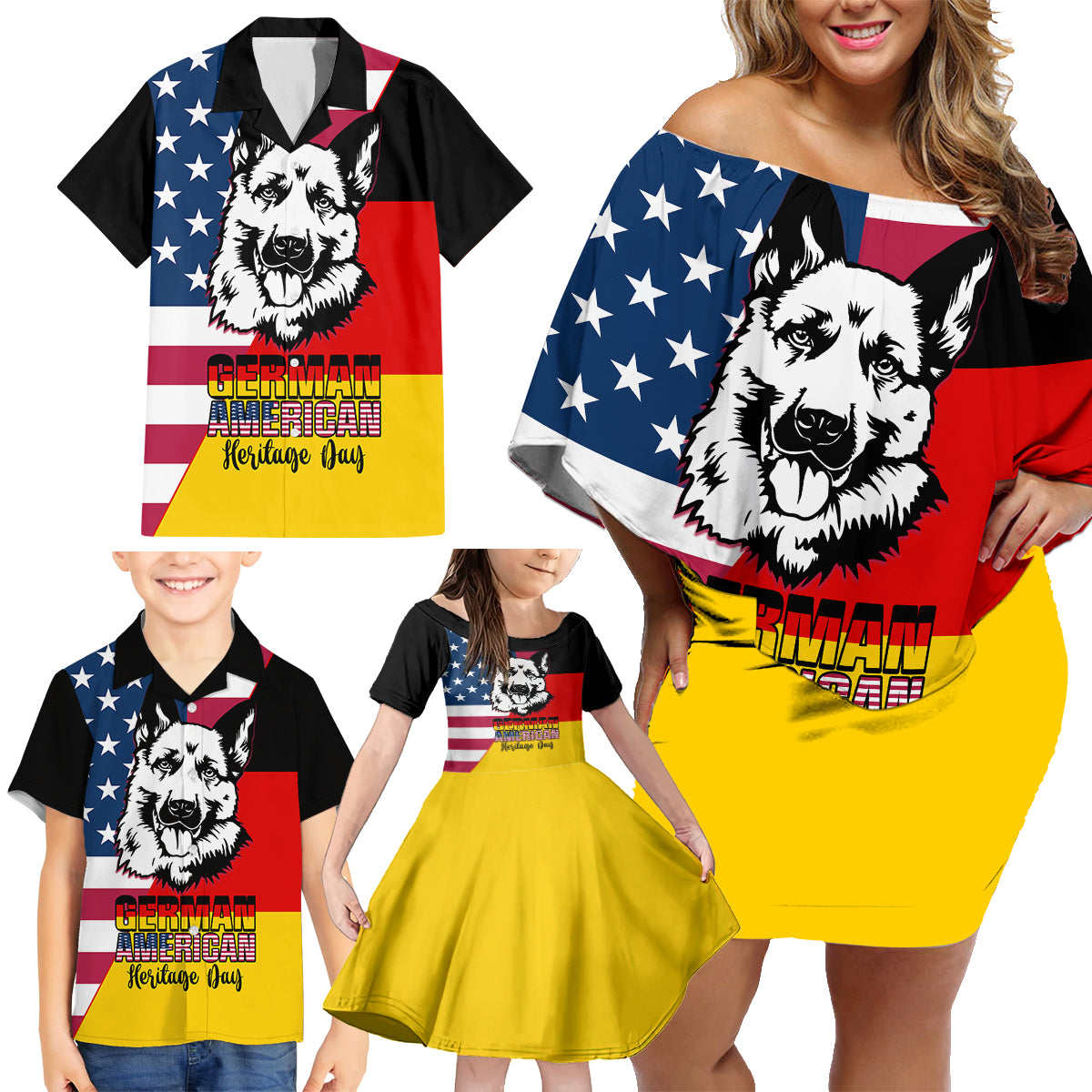 Personalised German American Heritage Day Family Matching Off Shoulder Short Dress and Hawaiian Shirt German Shepherd Dog - Wonder Print Shop