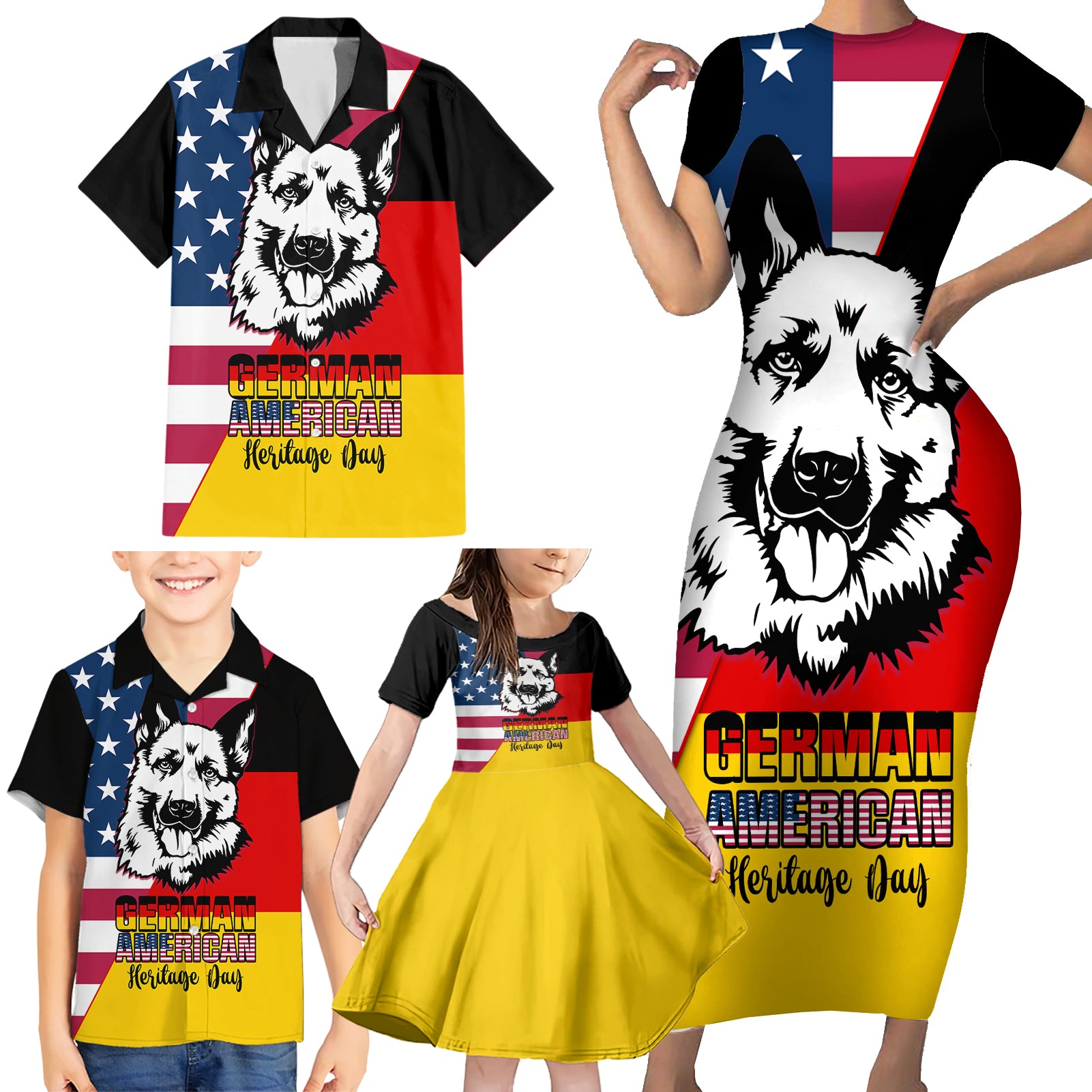 Personalised German American Heritage Day Family Matching Short Sleeve Bodycon Dress and Hawaiian Shirt German Shepherd Dog - Wonder Print Shop