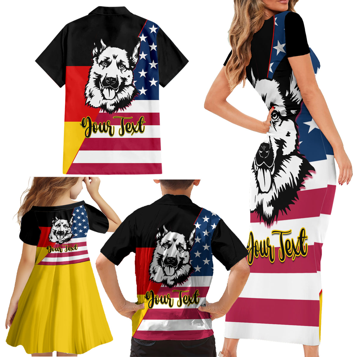 Personalised German American Heritage Day Family Matching Short Sleeve Bodycon Dress and Hawaiian Shirt German Shepherd Dog - Wonder Print Shop