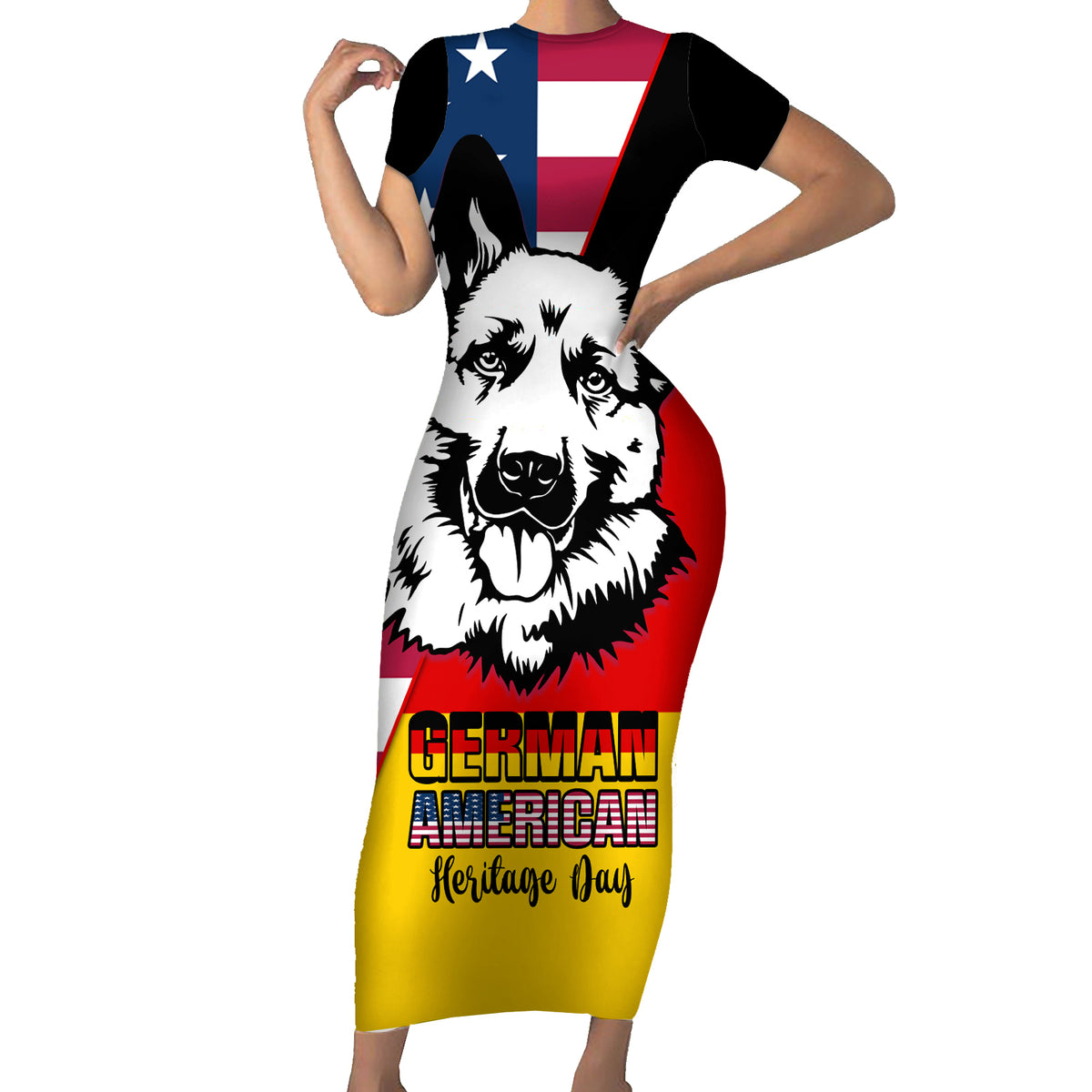 Personalised German American Heritage Day Family Matching Short Sleeve Bodycon Dress and Hawaiian Shirt German Shepherd Dog - Wonder Print Shop