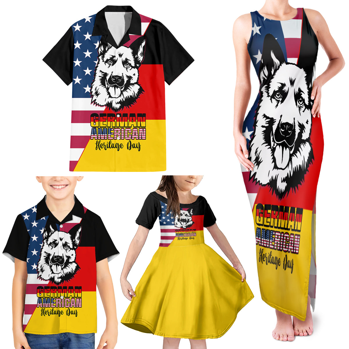 Personalised German American Heritage Day Family Matching Tank Maxi Dress and Hawaiian Shirt German Shepherd Dog - Wonder Print Shop