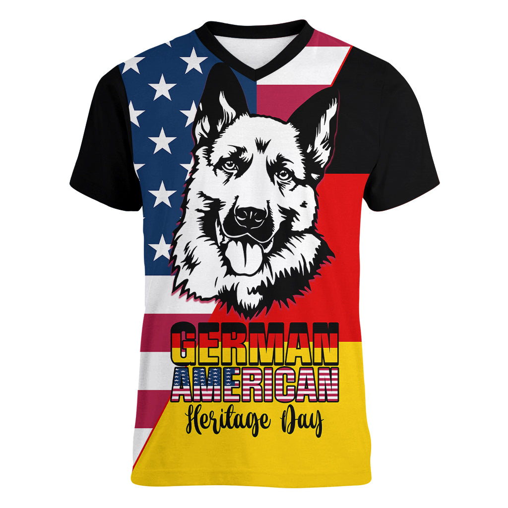 Personalised German American Heritage Day Women V Neck T Shirt German Shepherd Dog - Wonder Print Shop