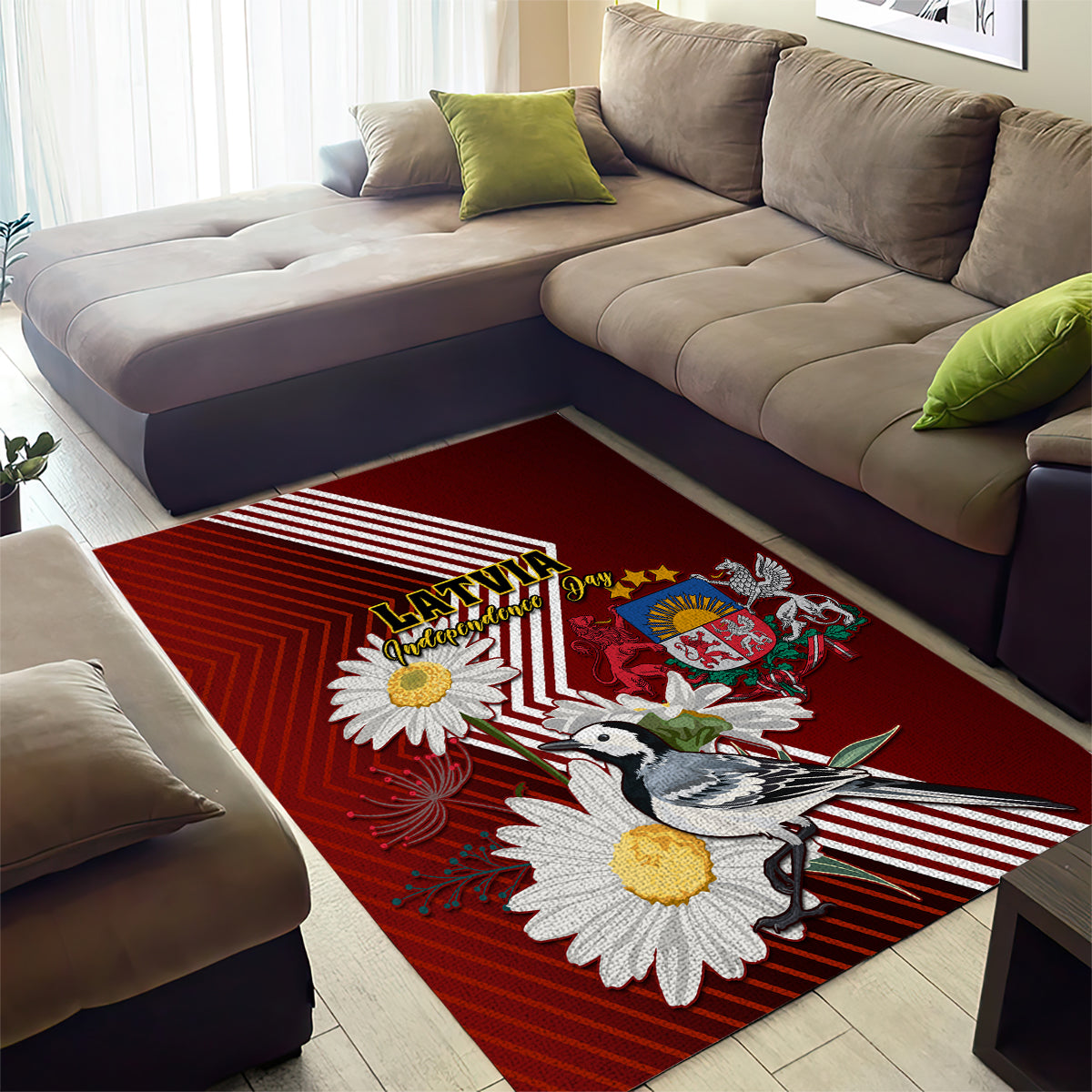 Latvia Independence Day Area Rug Latvijas White Wagtail With Daisy Flowers - Wonder Print Shop