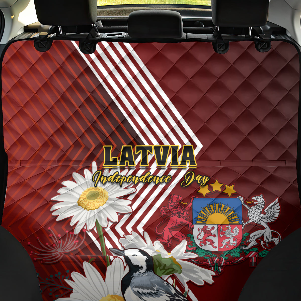 Latvia Independence Day Back Car Seat Cover Latvijas White Wagtail With Daisy Flowers - Wonder Print Shop