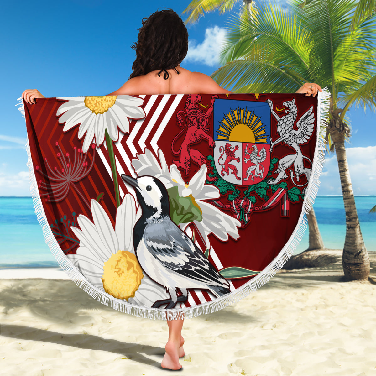 Latvia Independence Day Beach Blanket Latvijas White Wagtail With Daisy Flowers - Wonder Print Shop
