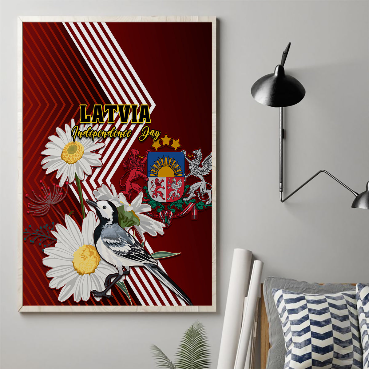 Latvia Independence Day Canvas Wall Art Latvijas White Wagtail With Daisy Flowers - Wonder Print Shop