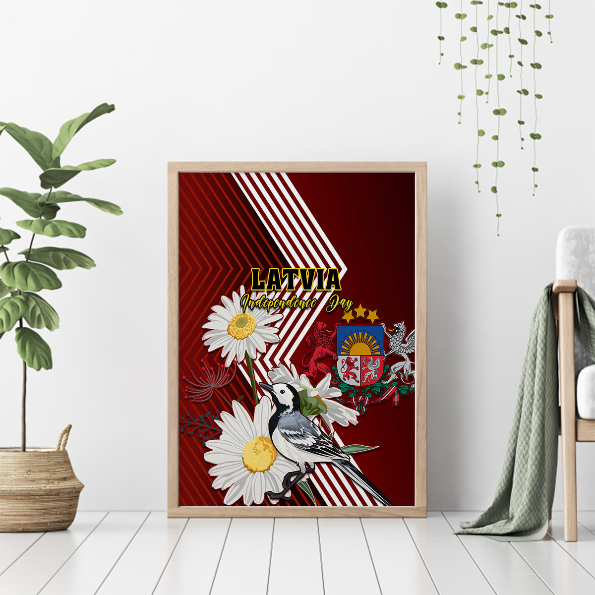 Latvia Independence Day Canvas Wall Art Latvijas White Wagtail With Daisy Flowers - Wonder Print Shop