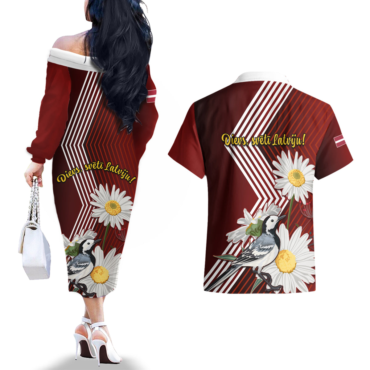 Latvia Independence Day Couples Matching Off The Shoulder Long Sleeve Dress and Hawaiian Shirt Latvijas White Wagtail With Daisy Flowers - Wonder Print Shop
