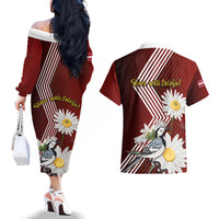 Latvia Independence Day Couples Matching Off The Shoulder Long Sleeve Dress and Hawaiian Shirt Latvijas White Wagtail With Daisy Flowers - Wonder Print Shop