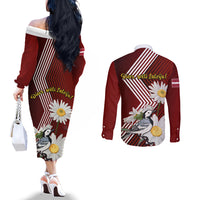 latvia-independence-day-couples-matching-off-the-shoulder-long-sleeve-dress-and-long-sleeve-button-shirt-latvijas-white-wagtail-with-daisy-flowers