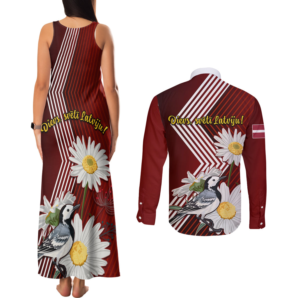 Latvia Independence Day Couples Matching Tank Maxi Dress and Long Sleeve Button Shirt Latvijas White Wagtail With Daisy Flowers - Wonder Print Shop