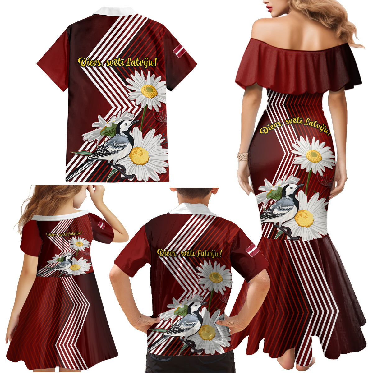 Latvia Independence Day Family Matching Mermaid Dress and Hawaiian Shirt Latvijas White Wagtail With Daisy Flowers - Wonder Print Shop