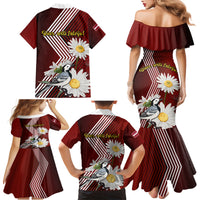 Latvia Independence Day Family Matching Mermaid Dress and Hawaiian Shirt Latvijas White Wagtail With Daisy Flowers - Wonder Print Shop