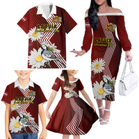 Latvia Independence Day Family Matching Off Shoulder Long Sleeve Dress and Hawaiian Shirt Latvijas White Wagtail With Daisy Flowers - Wonder Print Shop
