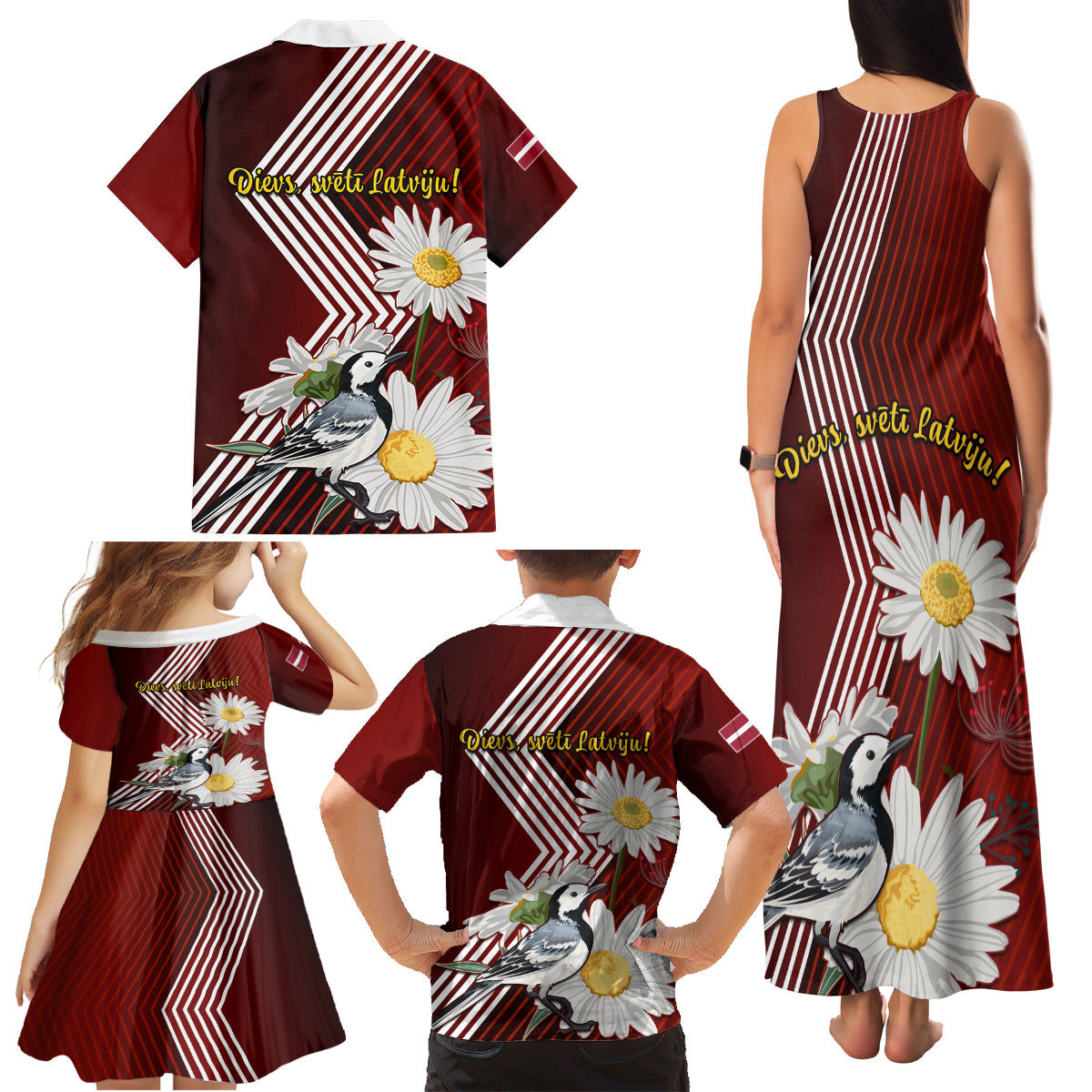 Latvia Independence Day Family Matching Tank Maxi Dress and Hawaiian Shirt Latvijas White Wagtail With Daisy Flowers - Wonder Print Shop