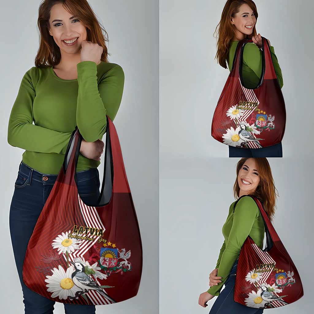 Latvia Independence Day Grocery Bag Latvijas White Wagtail With Daisy Flowers