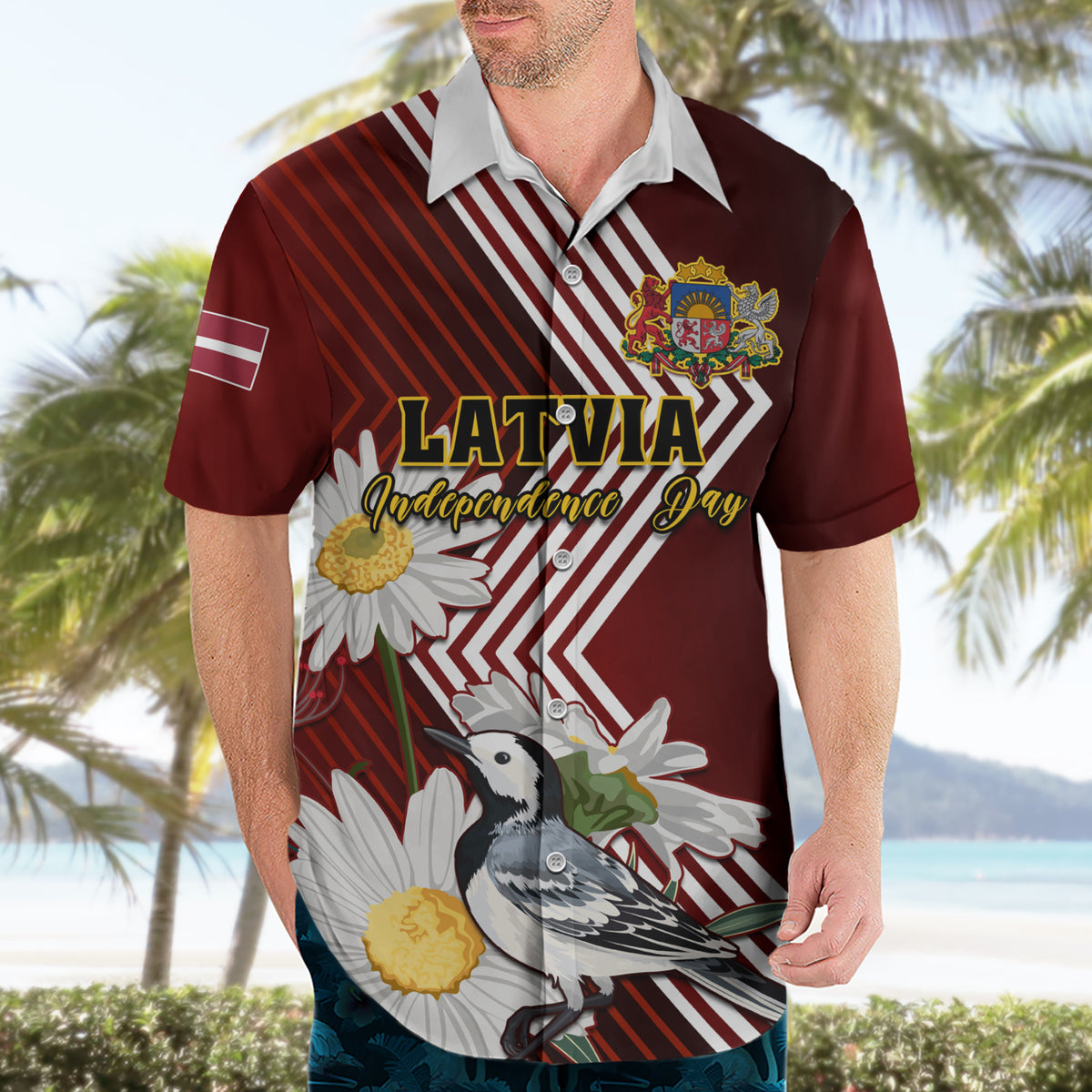 Latvia Independence Day Hawaiian Shirt Latvijas White Wagtail With Daisy Flowers - Wonder Print Shop