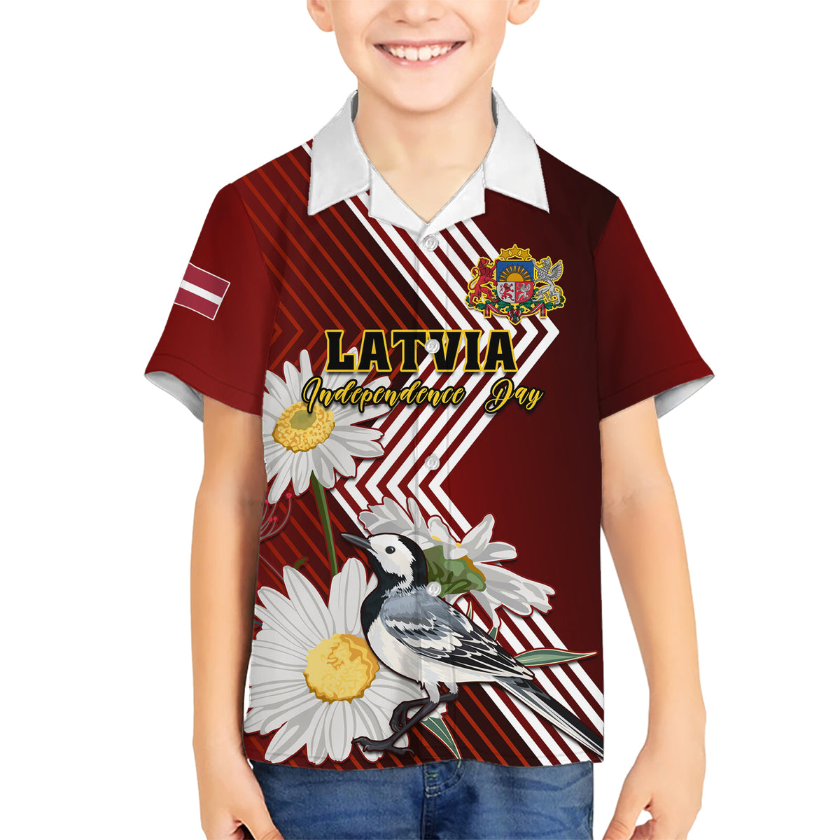 Latvia Independence Day Hawaiian Shirt Latvijas White Wagtail With Daisy Flowers - Wonder Print Shop