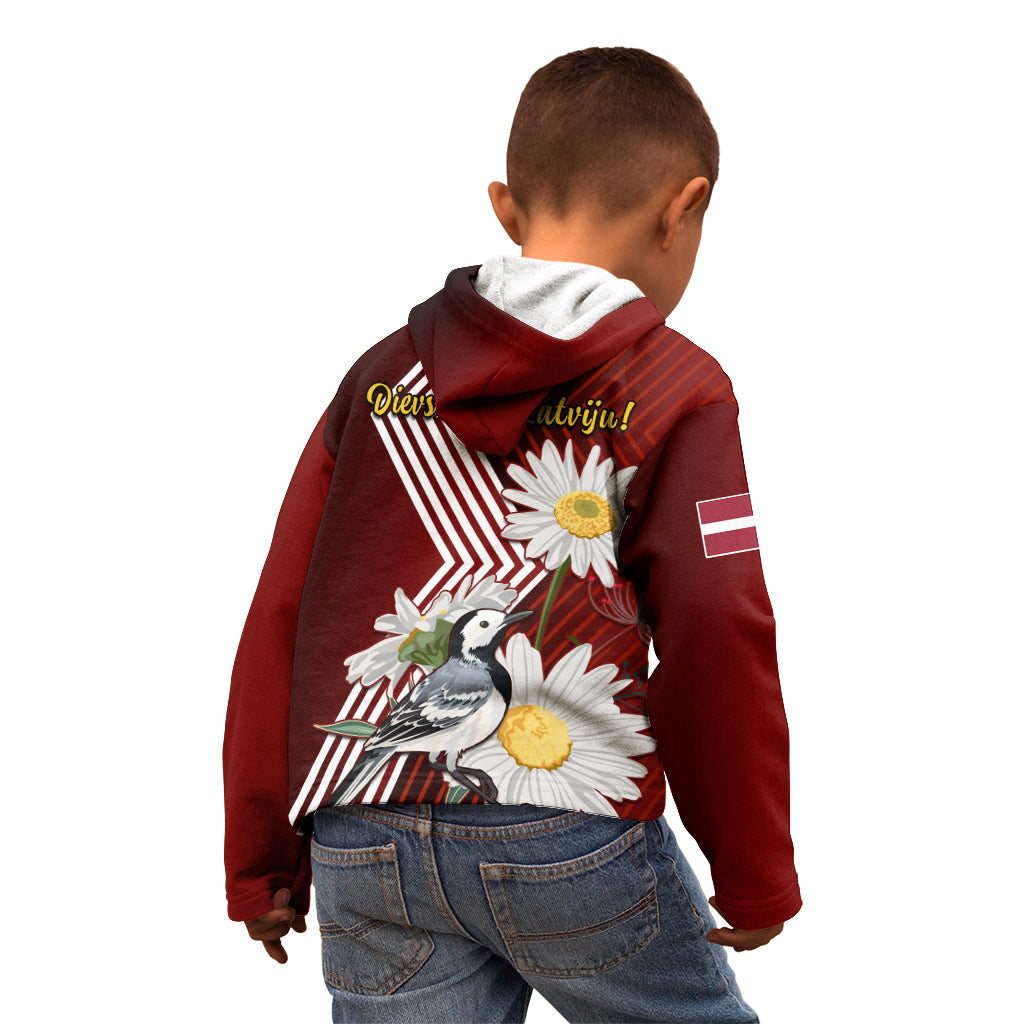 Latvia Independence Day Kid Hoodie Latvijas White Wagtail With Daisy Flowers - Wonder Print Shop