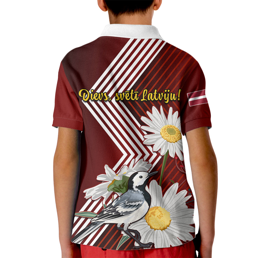 Latvia Independence Day Kid Polo Shirt Latvijas White Wagtail With Daisy Flowers - Wonder Print Shop