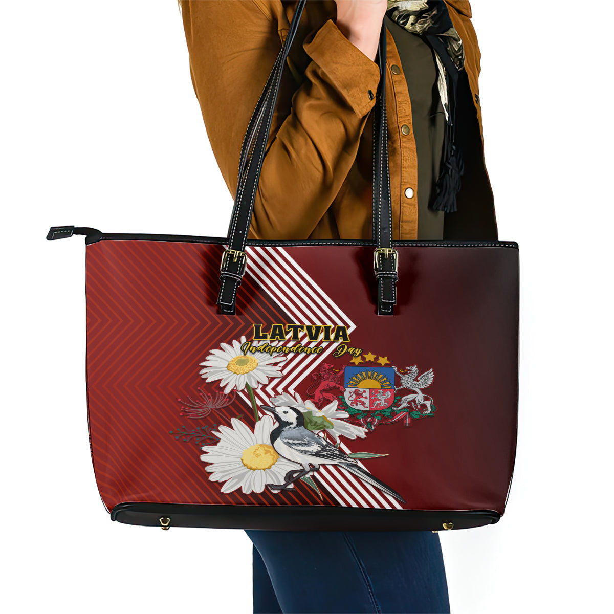 Latvia Independence Day Leather Tote Bag Latvijas White Wagtail With Daisy Flowers - Wonder Print Shop