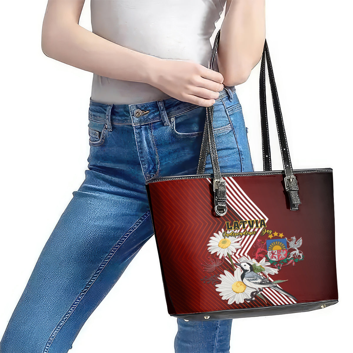 Latvia Independence Day Leather Tote Bag Latvijas White Wagtail With Daisy Flowers - Wonder Print Shop