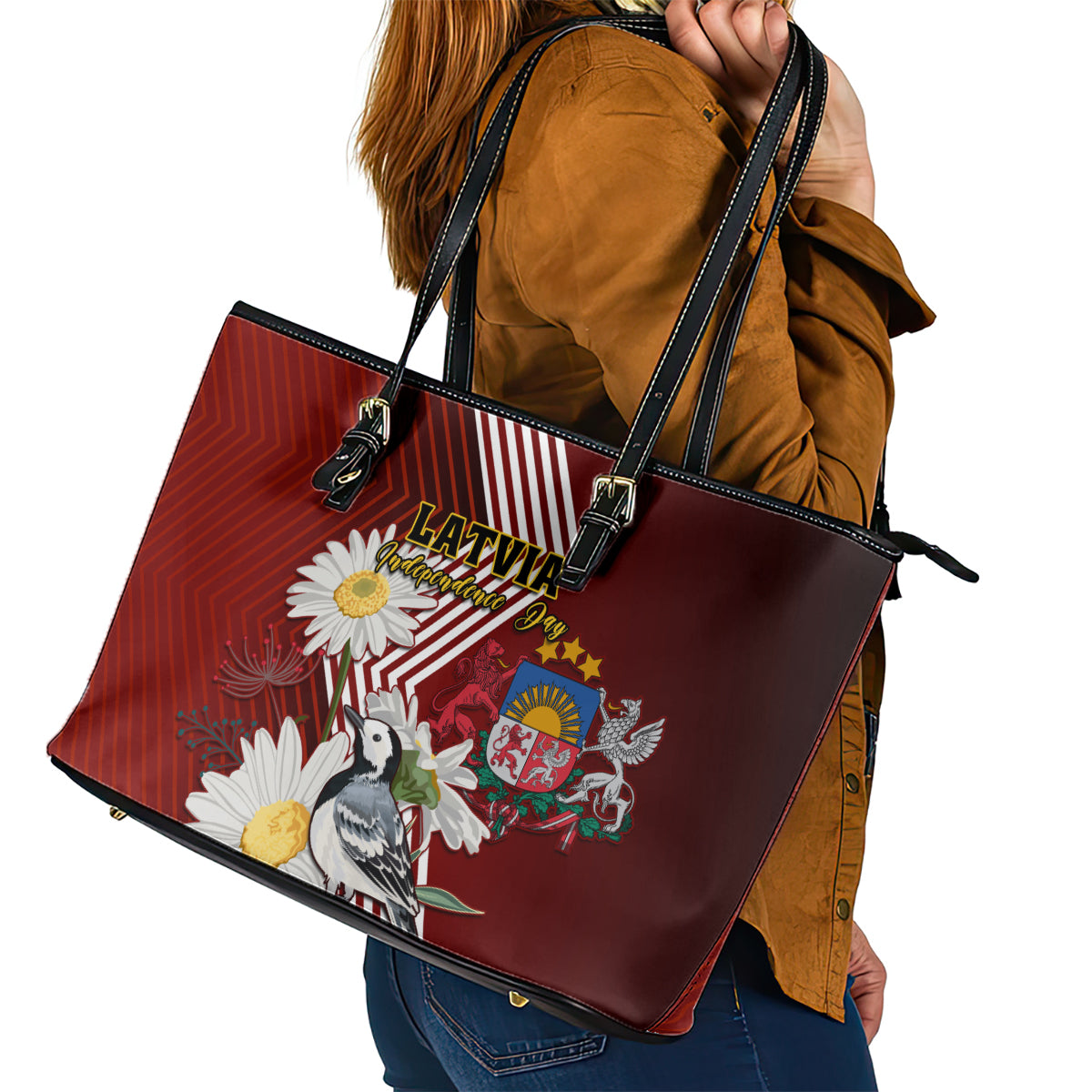Latvia Independence Day Leather Tote Bag Latvijas White Wagtail With Daisy Flowers - Wonder Print Shop