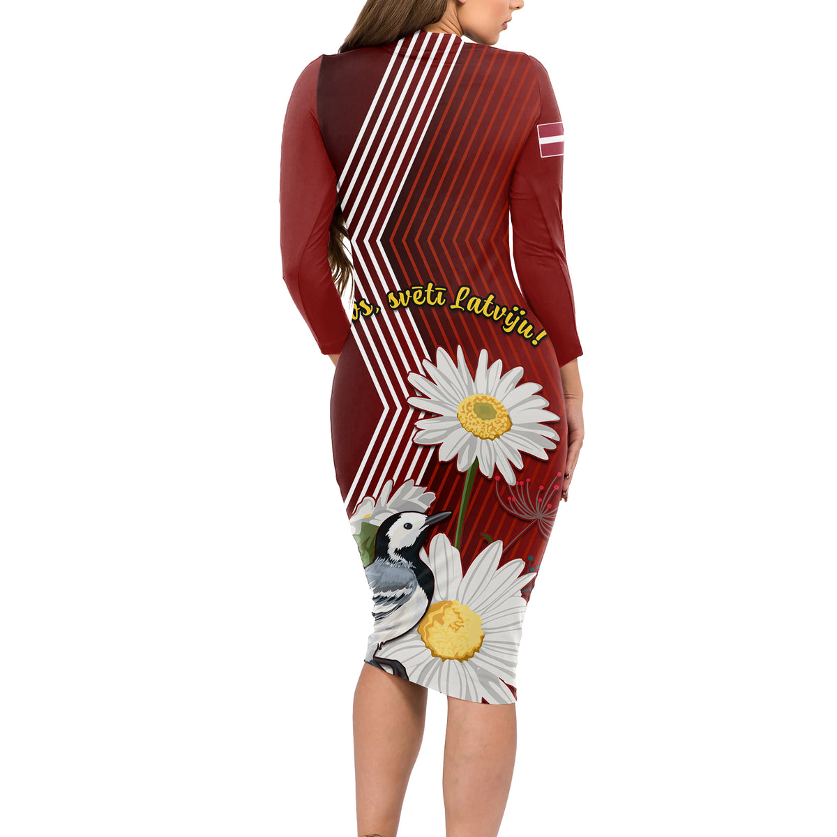 Latvia Independence Day Long Sleeve Bodycon Dress Latvijas White Wagtail With Daisy Flowers - Wonder Print Shop