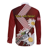 Latvia Independence Day Long Sleeve Button Shirt Latvijas White Wagtail With Daisy Flowers - Wonder Print Shop